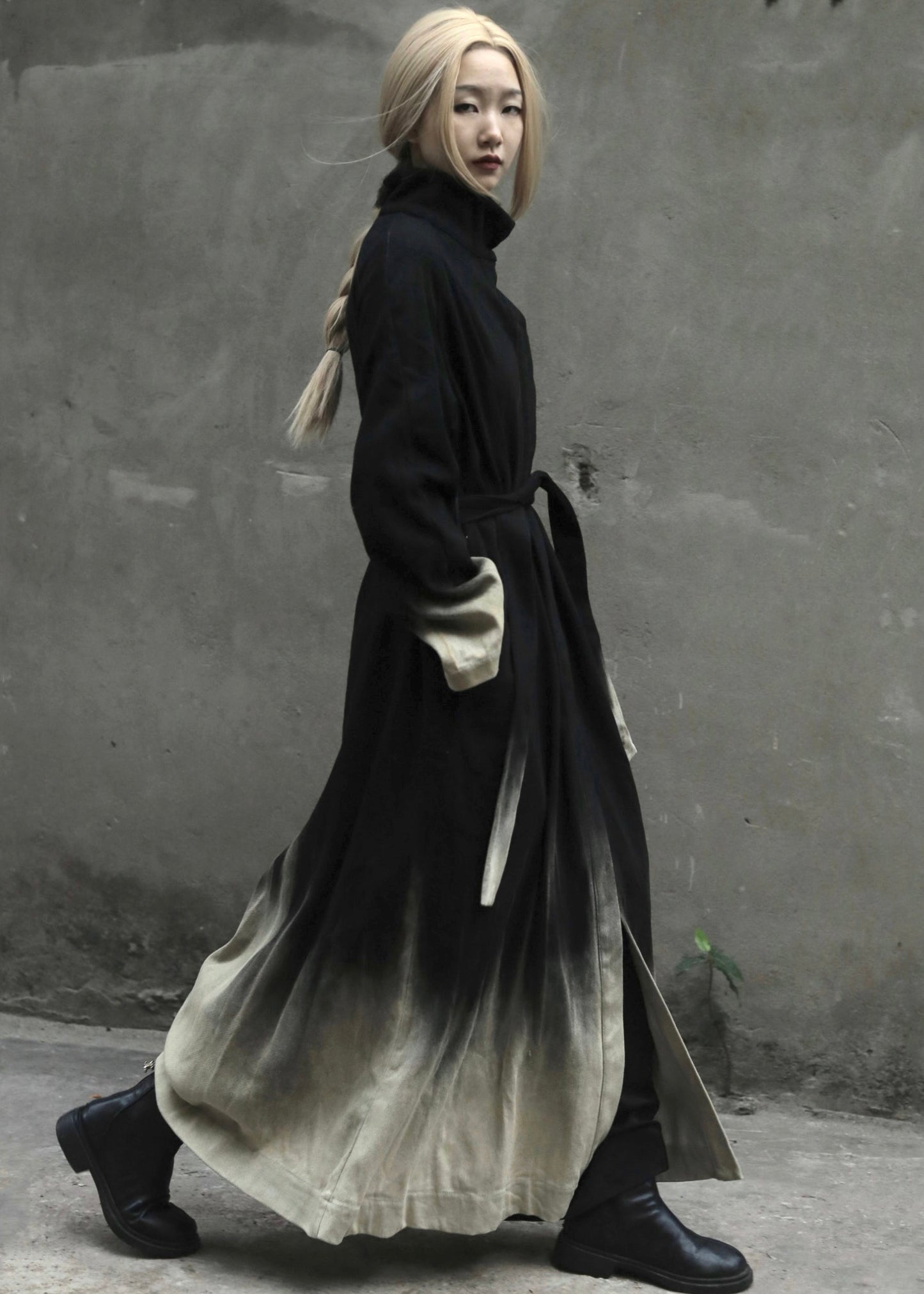 Gradient Color Tie Waist Pockets Denim Long Coats Long Sleeve Spring