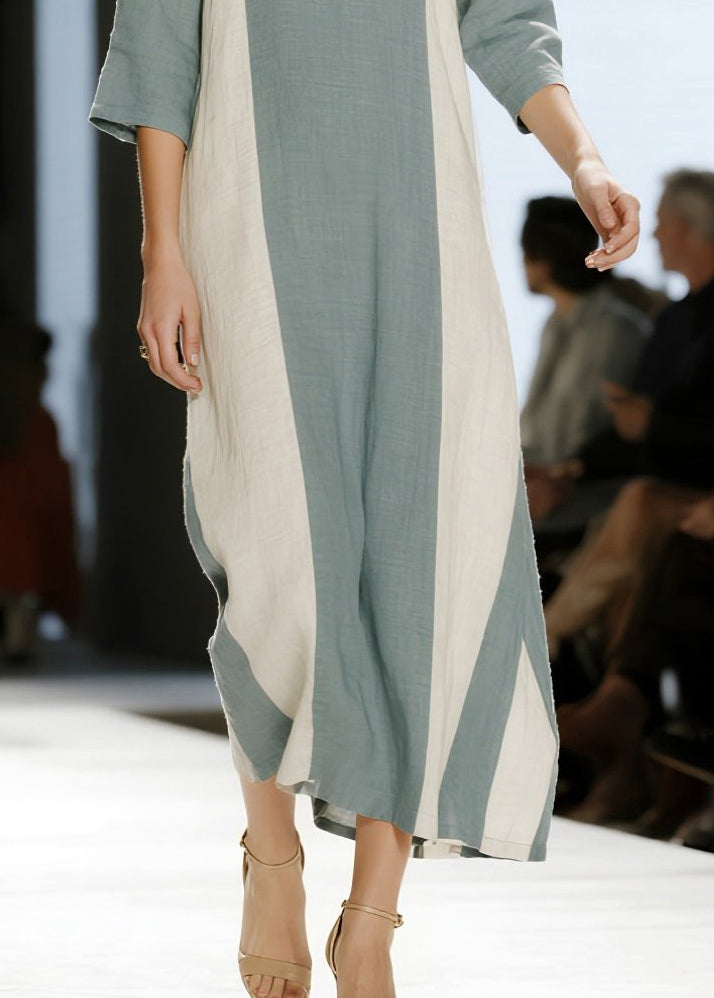 Modern Blue V Neck Patchwork Cotton Maxi Dress Half Sleeve