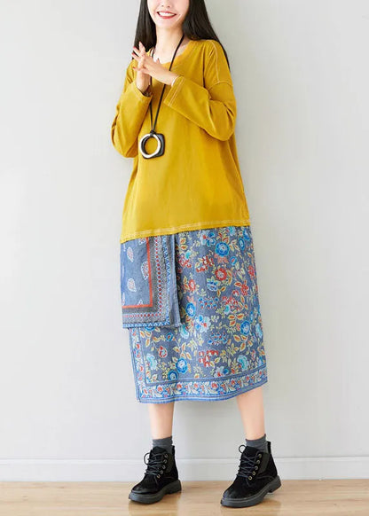 Loose Yellow O-neck Asymmetrical Sweatshirt Dresses Spring