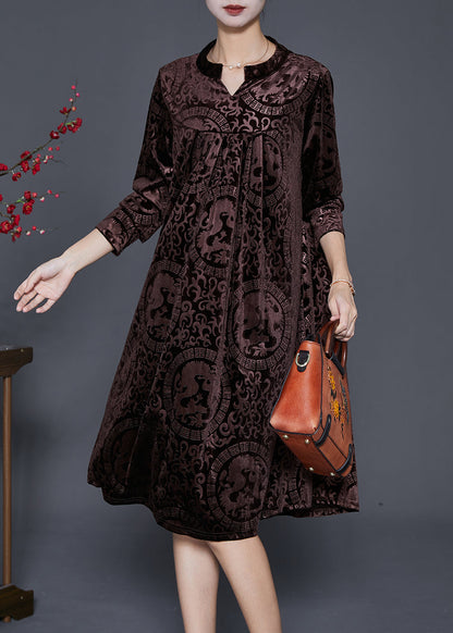 Chocolate V Neck Print Silk Velour Maxi Dresses Fall