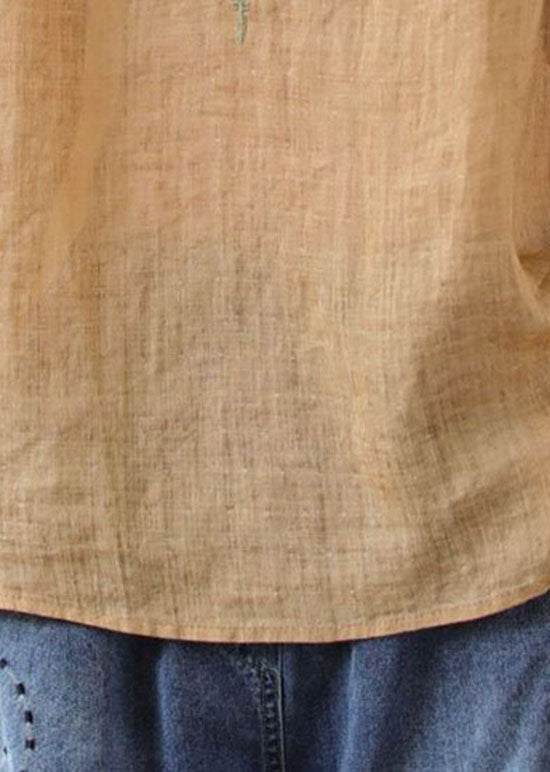 Khaki V Neck Embroideried Patchwork Linen T Shirt Summer