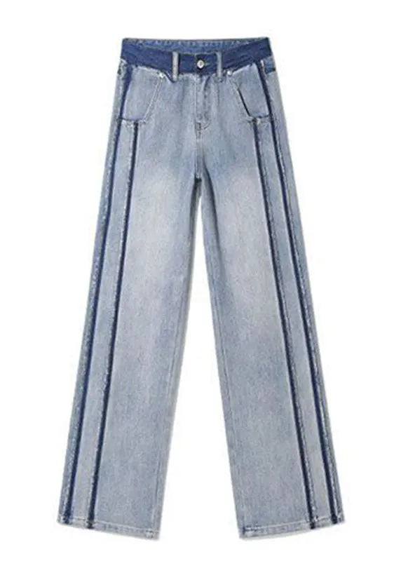 Blue Patchwork Zippered Button Straight Jeans
