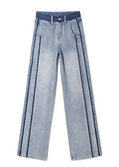 Blue Patchwork Zippered Button Straight Jeans