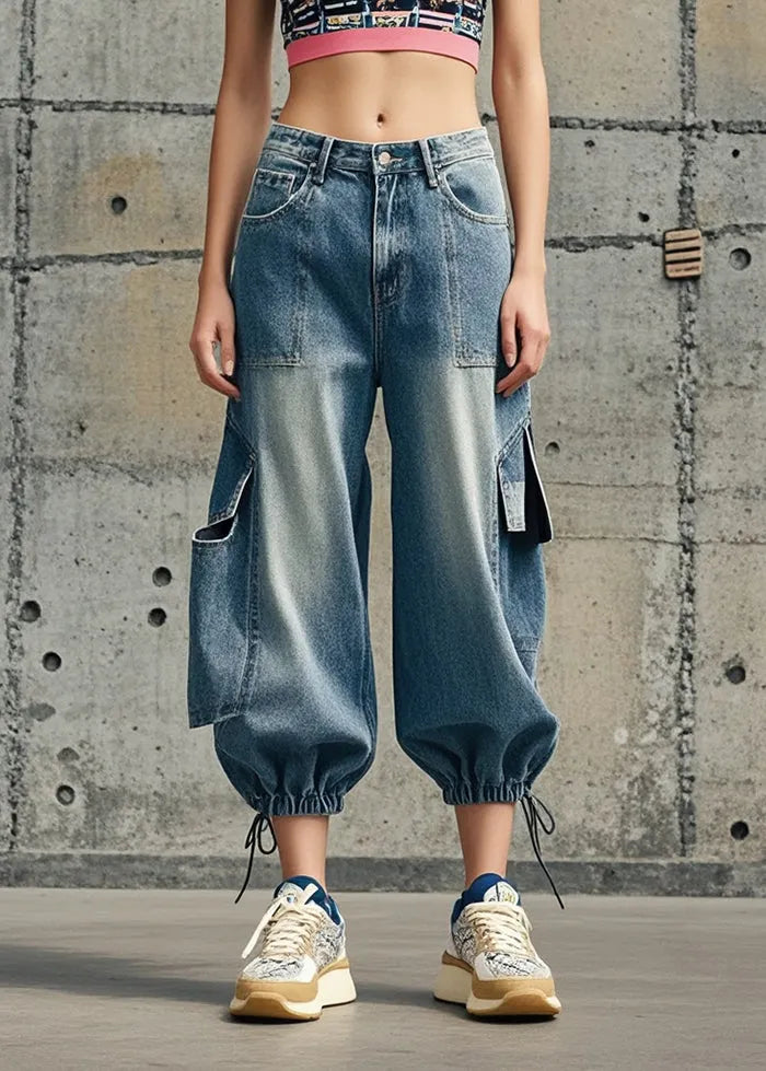 Blue Oversized Pockets Denim Crop Pants Fall