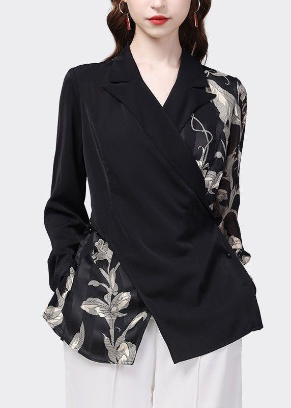 Black Peter Pan Collar Patchwork Print Chiffon Shirt Top Spring
