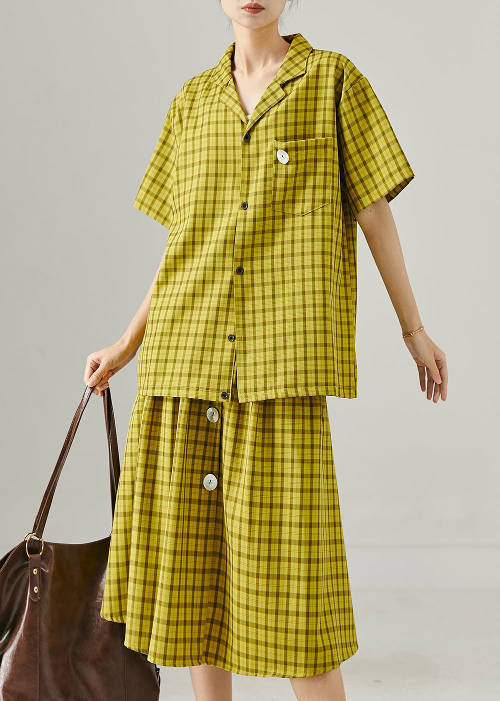 Green Oversized Plaid Cotton Two Pieces Set Summer