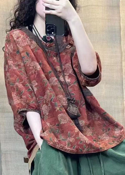 Red O Neck Print Oriental Button Linen Shirts Bracelet Sleeve