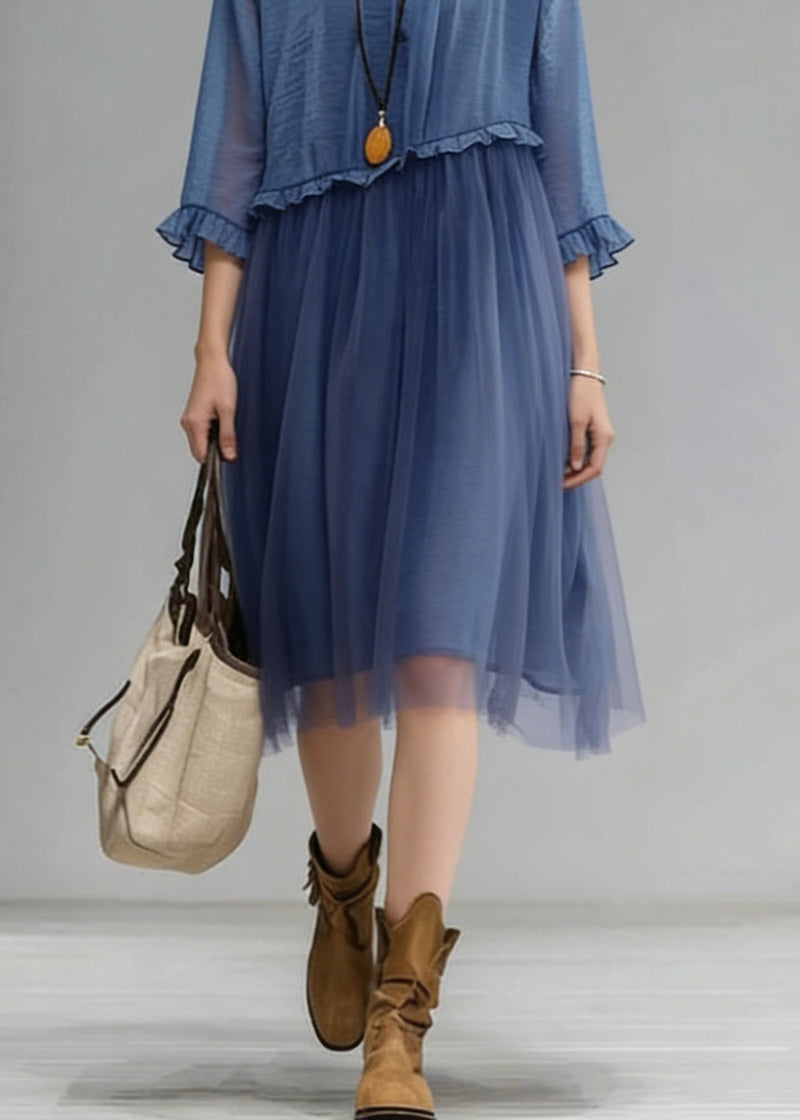 Blue O-neck Ruffled Tulle Patchwork Chiffon Dress Summer