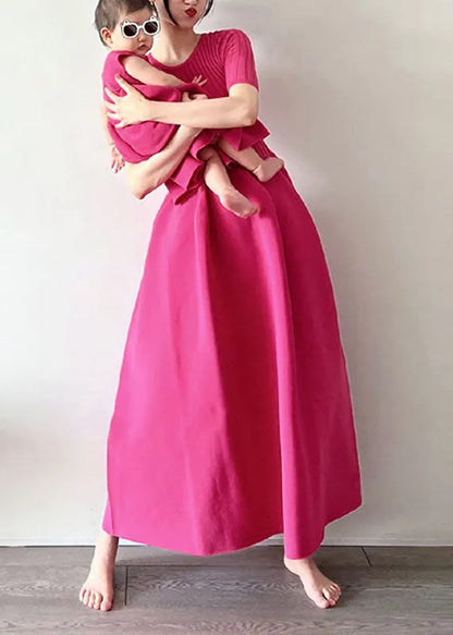 Handmade Rose O-neck Knit Patchwork Fake Two Pieces Maxi Dress Short Sleeve