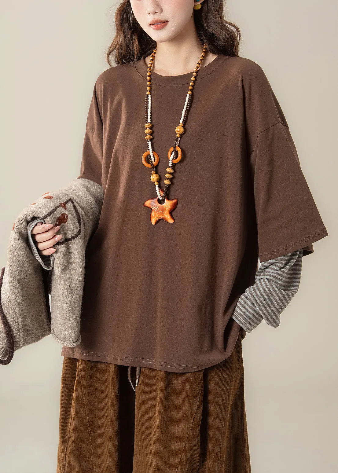 Apricot Jacquard Knit Vest and Coffee T Shirt Patchwork Two Piece Set