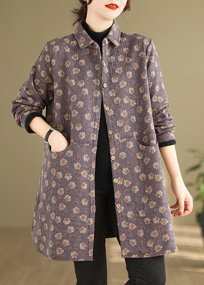 Purple Peter Pan Collar Pockets Print Warm Fleece Coat Winter