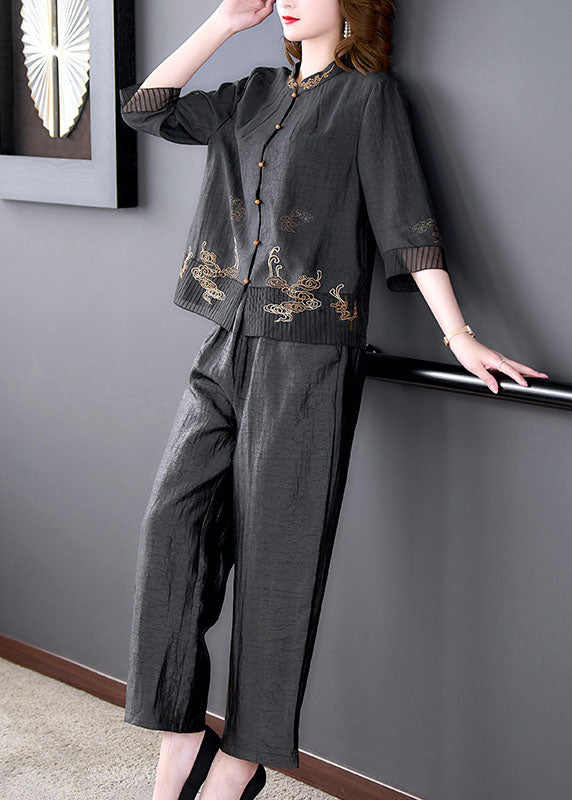 Black Mandarin Collar Oriental Button Tulle Patchwork Silk Two Piece Set Clothing Summer