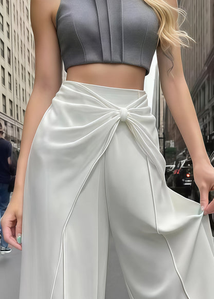 White Wrinkled Draping Chiffon Wide Leg Pants Summer