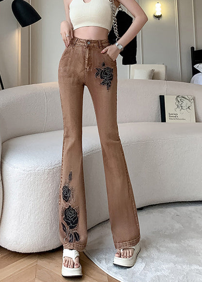 American Style Khaki Embroidered Pockets Denim Flare Bottoms Spring