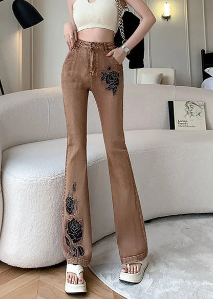 American Style Khaki Embroidered Pockets Denim Flare Bottoms Spring