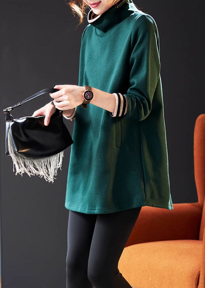 Blackish Green High Neck Patchwork Cotton Pullover Sweatshirt Spring