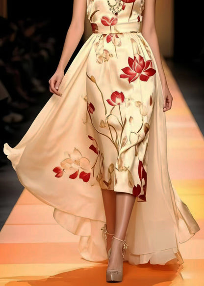 Fine Champagne Print Low High Design Silk Vestidos Dresses Sleeveless Summer