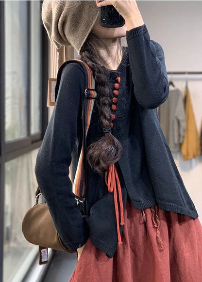 Chocolate O-neck Button Asymmetrical Design Fall Sweater