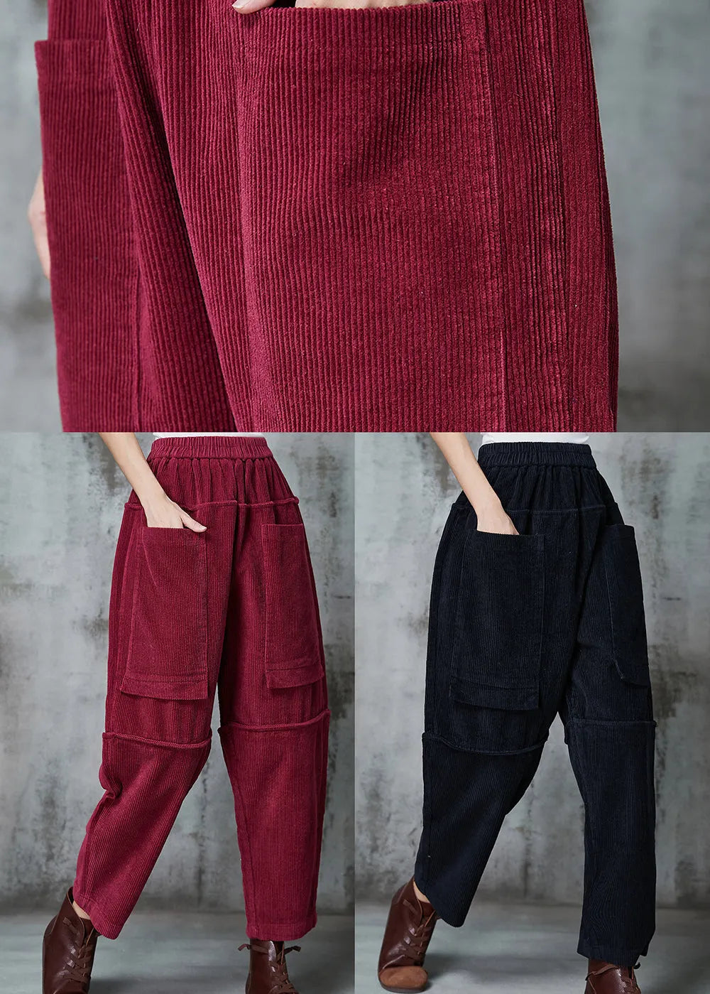 Black Patchwork Pockets Corduroy Harem Pants Oversized Spring