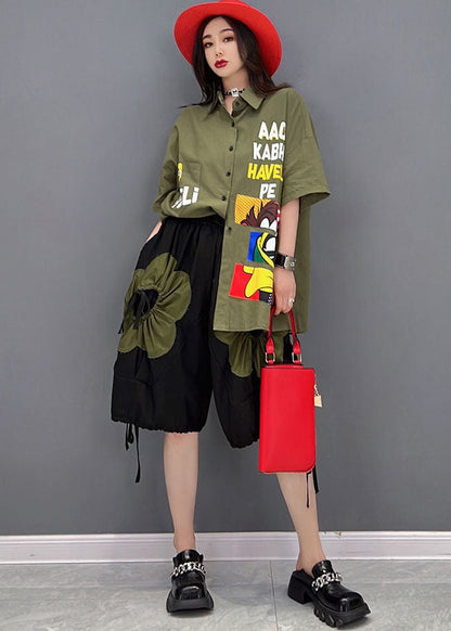 Novelty Army Green Character Applique Elastic Waist Drawstring Cotton Shirts and Shorts Two Pieces Set Summer