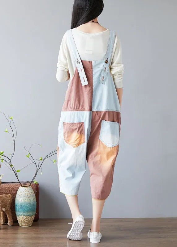 Diy Orange Pockets Print Patchwork Jumpsuits Spring