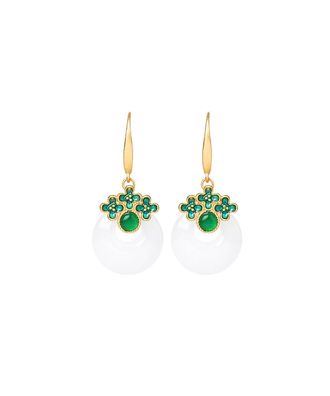 Green Overgild Inlaid Jade Safety Buckle Drop Earrings