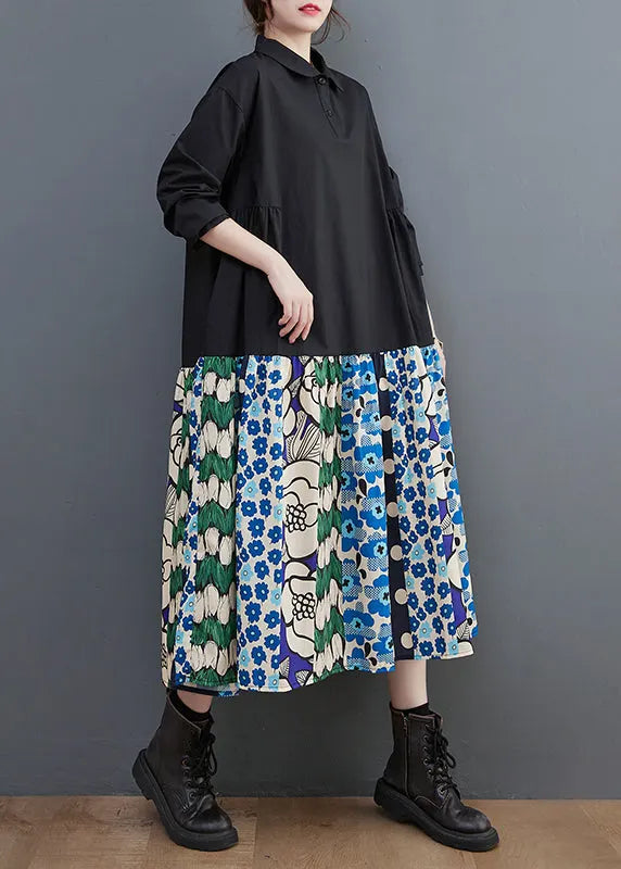 Black Patchwork Cotton a Line Dress Oversized Print Fall