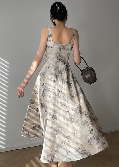 Square Collar Zippered Print Chiffon Maxi Dresses Sleeveless Summer
