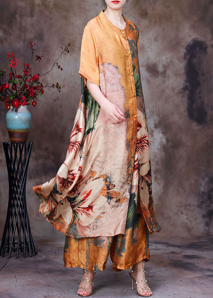 Yellow Stand Collar Print Silk Long Shirt and Crop Pant Two Pieces Set Summer