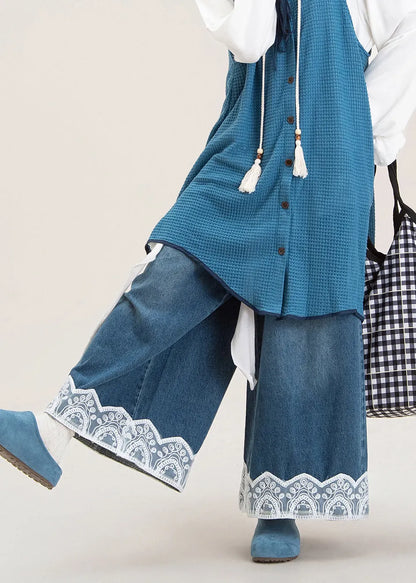 Blue Oversized Patchwork Lace Denim Wide Leg Pants Spring