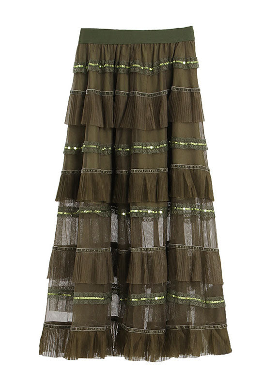 Unique Green Elastic Waist Tulle a Line Skirts Spring