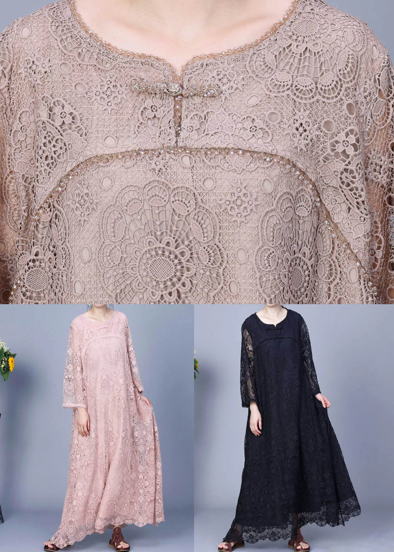 Pink Embroidered Hollow Out Lace Long Dress Spring