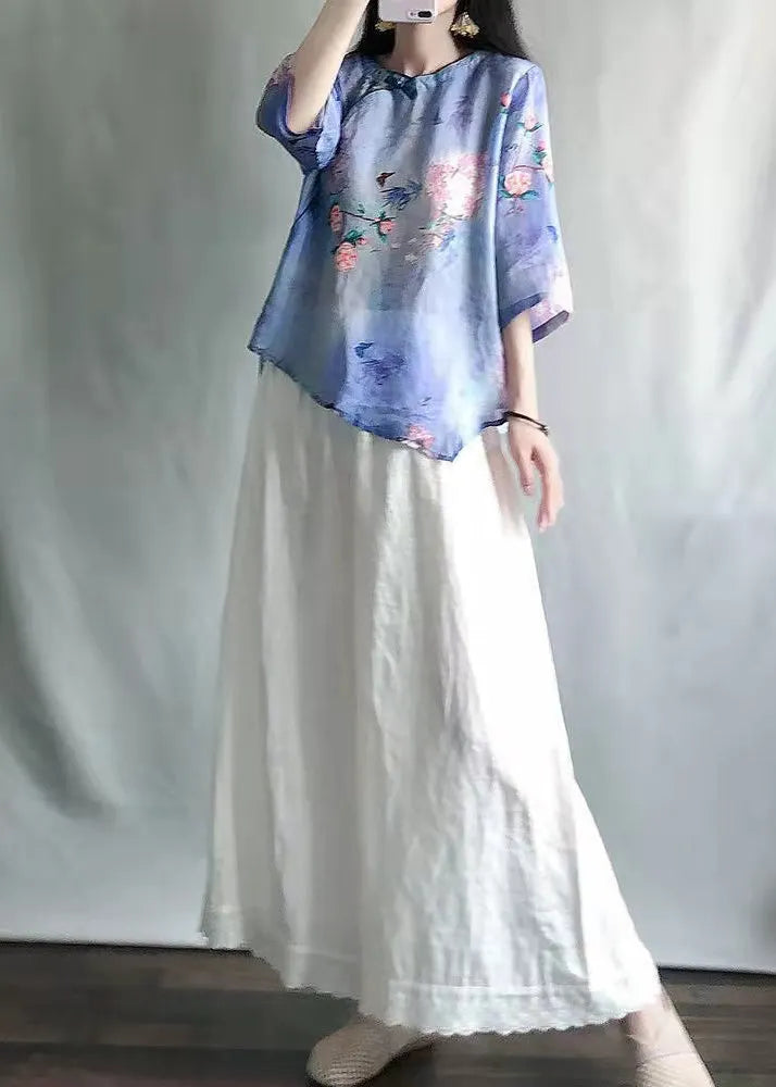 Light Green O-neck Print Shirts and Maxi Skirts Two Pieces Set Summer