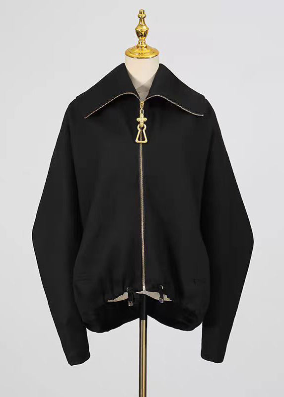 Black Zipper Drawstring Splicing Design Jacket Batwing Sleeve