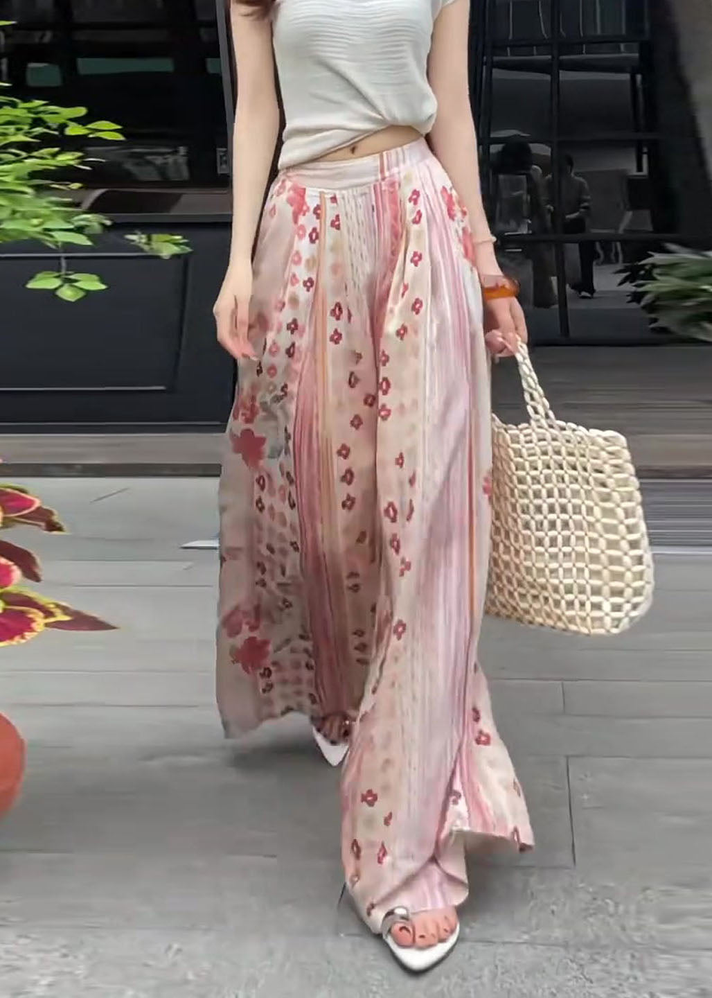 Pink Oversized Print Cotton Wide Leg Pants Fall