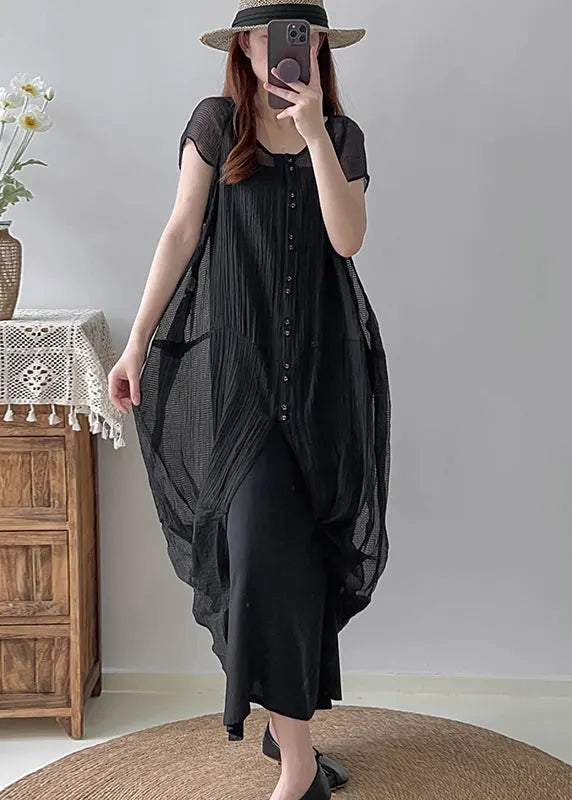 Black Asymmetrical Wrinkled Silk Dress Two Piece Set Summer