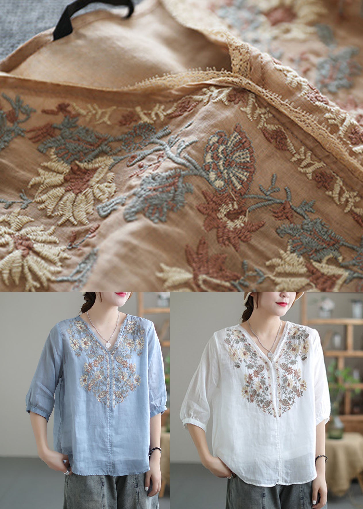 Khaki Embroideried Lace Patchwork Linen Shirt Top Half Sleeve
