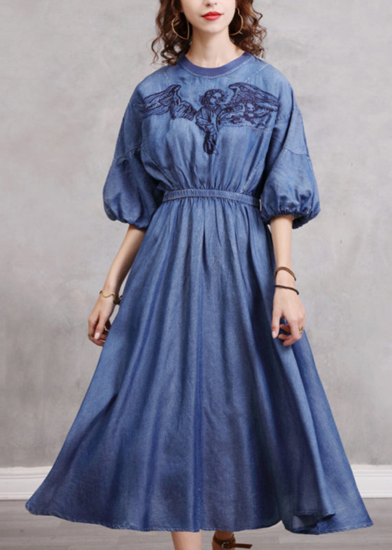 Blue Embroidered Elastic Waist Long Denim Dress Lantern Sleeve