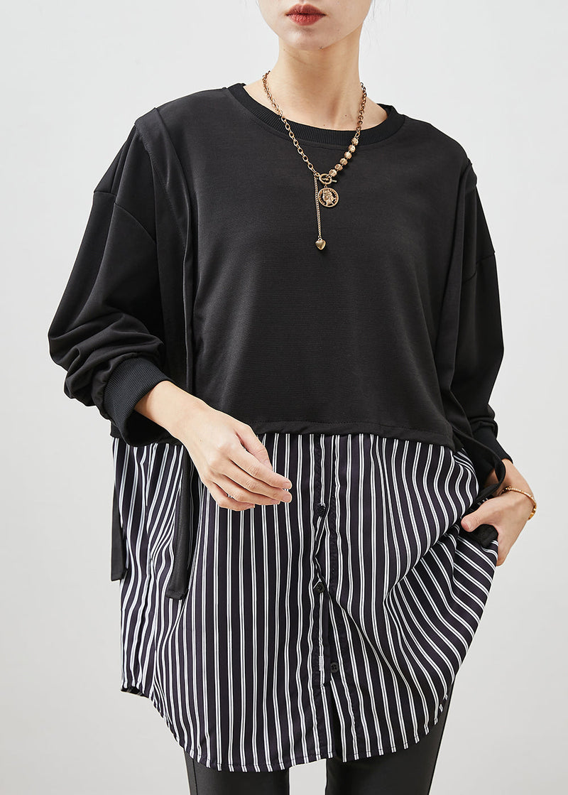 Black Oversized Patchwork Striped Cotton Sweatshirt Spring