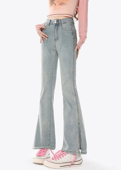 Autumn American Retro Side Split Design Slim Fit Denim Flared Trousers