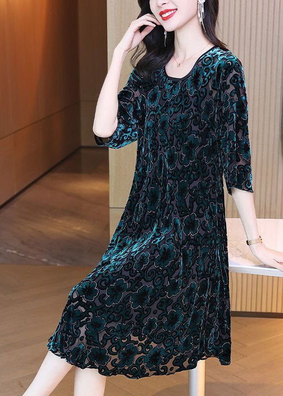 Green O-neck Oversized Print Silk Velour Party Dress Half Sleeve Spring