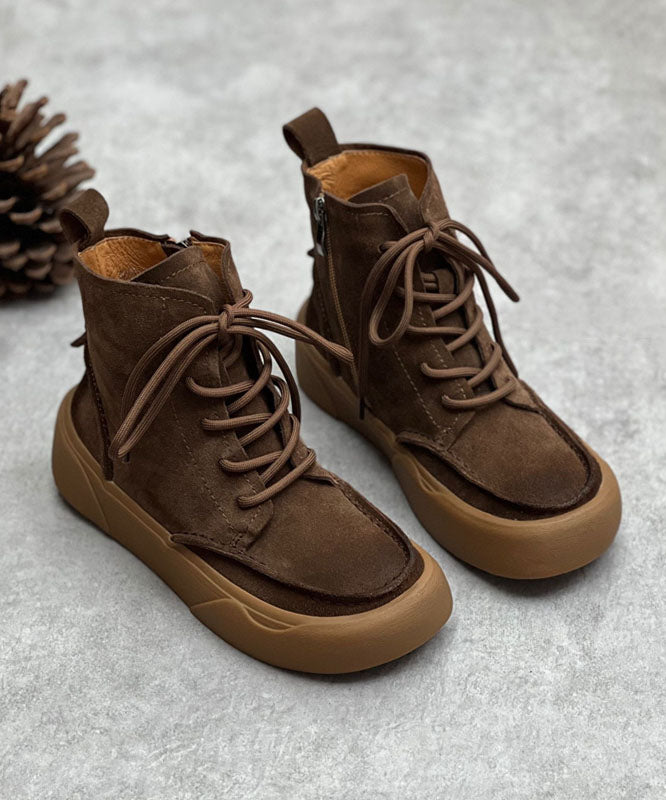 Chocolate Cowhide Leather Boots Zippered Lace Up Mountaineering Boots