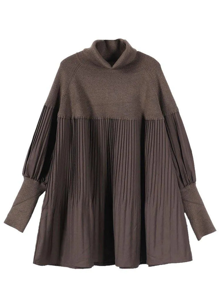 Chocolate High Neck Patchwork Fall Sweater Dress