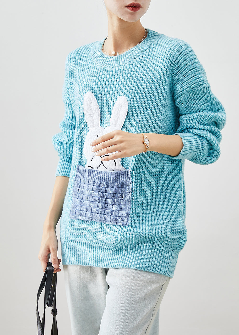 Sky Blue Thick Patchwork Rabbit Knitted Tops Winter