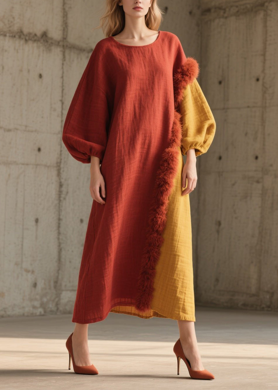 Colorblock Fuzzy Fur Fluffy Patchwork Cotton Long Dress Fall