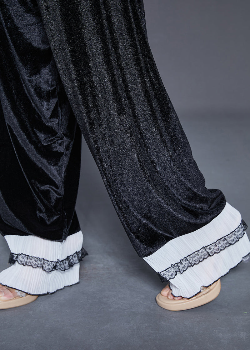 Style Black Oversized Patchwork Silk Velvet Sets 2 Pieces Fall