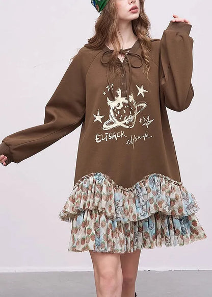 Brown Oversized Patchwork Cotton Sweatshirts Dress Fall