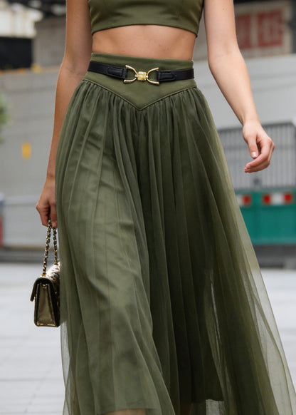 Simple Green Wrinkled Patchwork Tulle Skirts Spring