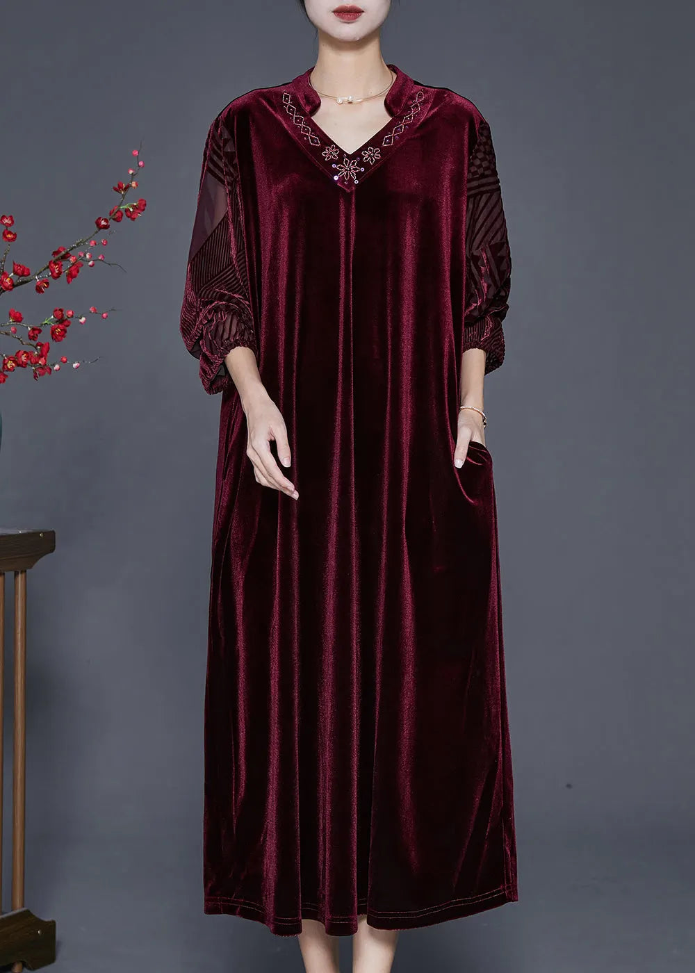 Natural Mulberry V Neck Silk Velour Maxi Dresses Fall