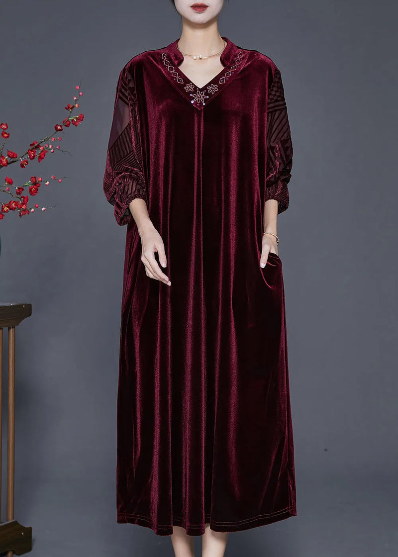 Natural Mulberry V Neck Silk Velour Maxi Dresses Fall